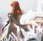  1girl artist_name back bare_shoulders blurry celica_(fire_emblem) copyright_name depth_of_field dress elbow_gloves fingerless_gloves fire_emblem fire_emblem_echoes:_mou_hitori_no_eiyuuou from_behind gloves hairband long_hair looking_at_viewer looking_back mavis_fuji petals red_eyes redhead solo wind 