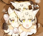  3girls animal_ears bare_shoulders blonde_hair bow bowtie brown_hair cat_ears cat_tail derivative_work elbow_gloves eyebrows_visible_through_hair gloves kemono_friends looking_at_viewer multicolored_hair multiple_girls open_mouth paw_pose photo_reference sand_cat_(kemono_friends) short_hair streaked_hair striped_tail tahita1874 tail yellow_eyes 