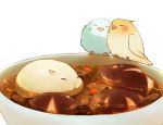  :&lt; ^_^ bird blush bowl closed_eyes commentary echosdoodle food mushroom no_humans original simple_background soup white_background 