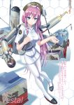  ar4_vestal belt black_shoes blue_eyes boat clipboard drill fire flame full_body hair_ornament highres long_hair looking_at_viewer mecha_musume mechanical_arm personification pink_hair sakura_ouka saw shachiku_chan shirt shoes skirt smile smoke standing striped striped_shirt us_navy watercraft white_legwear white_skirt x_hair_ornament yamikota 