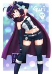  ;) belt bending black_hair black_legwear blush boots cape character_name elbow_gloves fingerless_gloves gloves grin guri highres kazenokaze kiss_note midriff navel one_eye_closed pointy_ears renai_boukun short_hair shorts skull smile strapless thigh-highs tubetop v violet_eyes 