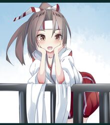  1girl :d brown_eyes brown_hair chin_rest hachimaki headband heavens_thunder_(byakuya-part2) japanese_clothes kantai_collection letterboxed long_hair open_mouth ponytail smile solo wide_sleeves zuihou_(kantai_collection) 