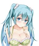  1girl absurdres aqua_eyes aqua_hair bantian_yindang blush breasts cleavage hatsune_miku highres long_hair medium_breasts scrunchie simple_background solo twintails upper_body vocaloid white_background 