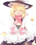  &gt;:d 1girl :d ^_^ apron blonde_hair blush closed_eyes facing_viewer gloves hat hidden_star_in_four_seasons kirisame_marisa kosencha long_skirt long_sleeves mittens open_mouth pink_gloves scarf skirt skirt_set smile solo star touhou vest waist_apron witch_hat 