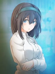  1girl alternate_costume black_hair blue_eyes blush breasts chestnut_mouth commentary_request hair_between_eyes hairband highres idolmaster idolmaster_cinderella_girls large_breasts long_hair long_sleeves looking_at_viewer phyre5 sagisawa_fumika solo upper_body 