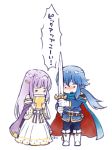  &gt;o&lt; 1boy 1girl belt blue_hair book brother_and_sister cape celice_(fire_emblem) dress fire_emblem fire_emblem:_seisen_no_keifu fire_emblem_heroes gloves holding holding_book long_hair long_sleeves open_mouth purple_hair siblings simple_background sword tiara tuittabonko weapon white_background white_dress white_gloves yuria_(fire_emblem) 