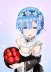  1girl apple basket blue_eyes blue_hair blush breasts detached_sleeves dress food frills from_above from_side fruit hair_ornament hair_over_one_eye highres looking_at_viewer maid maid_headdress medium_breasts open_mouth parsue re:zero_kara_hajimeru_isekai_seikatsu rem_(re:zero) revision short_hair solo x_hair_ornament 