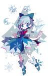  1girl amakusa blue_dress blue_eyes blue_hair cirno crescent dress full_body grin hair_ribbon ice ice_wings looking_at_viewer mary_janes moon puffy_sleeves ribbon shoes short_hair short_sleeves smile snowflakes socks solo sparkle sun touhou upskirt white_background wings 