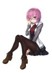  bencao_gangmu_(19) between_legs black_legwear blue_eyes fate/grand_order fate_(series) glasses hand_between_legs highres holding holding_glasses looking_at_viewer necktie pink_hair pleated_skirt red_necktie shielder_(fate/grand_order) short_hair sitting skirt thigh-highs 