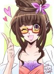  1girl artist_name beehive_hairdo brown_hair butterfly_hair_ornament dated glasses hair_ornament heart highres index_finger_raised kiraki labcoat lipstick looking_at_viewer makeup one_eye_closed sakurai_ryouko semi-rimless_glasses senki_zesshou_symphogear solo under-rim_glasses violet_eyes 