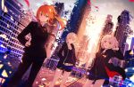 3girls ahoge bangs belt black_dress black_shorts blonde_hair blurry camisole city closed_mouth coat depth_of_field dress enj! eyebrows_visible_through_hair fate/grand_order fate_(series) floating_hair formal fujimaru_ritsuka_(female) fur_coat hand_on_hip jacket jeanne_alter jewelry long_hair looking_at_viewer multiple_girls necklace open_clothes open_coat open_jacket open_mouth orange_eyes orange_hair outdoors ponytail rooftop ruler_(fate/apocrypha) saber saber_alter short_dress short_hair short_shorts shorts smile suit wind yellow_eyes 