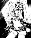  1girl anti-materiel_rifle belt bikini bikini_top breasts cleavage elbow_gloves gloves greyscale gun hair_ornament haku_(sabosoda) long_hair monochrome ponytail rifle short_shorts shorts skull_hair_ornament smile sniper_rifle solo studded_belt swimsuit tengen_toppa_gurren_lagann thigh-highs under_boob very_long_hair weapon yoko_littner 