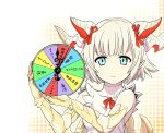  1girl bare_shoulders blonde_hair blue_eyes claws clock_hands dragon_girl dragon_horns dragon_wings dress expressionless hair_ribbon highres horns ishiyumi looking_at_viewer myr_(p&amp;d) pointy_ears puzzle_&amp;_dragons ribbon scales short_hair solo translation_request white_dress wings 
