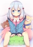  1girl absurdres blue_eyes blue_hair bow darnell eromanga_sensei eyebrows_visible_through_hair hair_bow highres izumi_sagiri jacket long_hair looking_at_viewer pajamas pink_bow sitting solo stuffed_animal stuffed_toy teddy_bear 