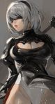  1girl black_dress blindfold breasts cleavage cleavage_cutout dress grey_background groin headband highleg highleg_leotard highres leotard leotard_under_clothes looking_to_the_side medium_breasts mole mole_under_mouth mossi nier_(series) nier_automata parted_lips pink_lips puffy_sleeves ribbed_dress short_hair silver_hair simple_background solo sword thong_leotard turtleneck weapon yorha_no._2_type_b 