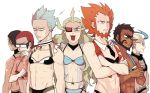  6+boys :d :q abs adapted_costume ahoge akagi_(pokemon) akuroma_(pokemon) aogiri_(pokemon) aogiri_(pokemon)_(remake) artist_name beard bikini black_hair blonde_hair brown_hair choker commentary covering_mouth cracking_knuckles crossed_arms eyepatch facial_hair fleur-de-lis_(pokemon) from_behind geechisu_(pokemon) glasses green_eyes green_hair grey_hair hand_on_another&#039;s_shoulder hand_on_hip long_hair matsubusa_(pokemon) matsubusa_(pokemon)_(remake) multicolored_hair multiple_boys navel necktie open_mouth pokemon red_eyes redhead sakaki_(pokemon) scar scar_across_eye see-through shaded_face short_hair smile ssalbulre streaked_hair swimsuit tongue tongue_out two-tone_hair wavy_hair 