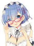  1girl bare_shoulders blue_eyes blue_hair blush breasts cleavage commentary_request glasses hair_ornament looking_at_viewer maid maid_headdress medium_breasts mori_airi open_mouth purple_ribbon re:zero_kara_hajimeru_isekai_seikatsu red-framed_eyewear rem_(re:zero) ribbon short_hair simple_background smile solo white_background x_hair_ornament 