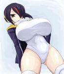  1girl black_hair breasts brown_eyes covered_navel emperor_penguin_(kemono_friends) hair_over_one_eye headphones highleg hood hoodie huge_breasts impossible_clothes jacket kemono_friends leotard long_hair looking_at_viewer multicolored_hair open_clothes oro_(zetsubou_girl) solo thigh-highs white_legwear white_leotard 