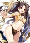  1girl bangs bare_shoulders black_gloves black_hair black_panties black_ribbon breasts bridal_gauntlets earrings elbow_gloves eretto eretto_(style) fate/grand_order fate_(series) gloves hair_ribbon hoop_earrings ishtar_(fate/grand_order) jewelry long_hair looking_at_viewer medium_breasts navel open_mouth panties parted_bangs red_eyes ribbon single_elbow_glove single_thighhigh smile solo stomach thigh-highs tohsaka_rin twitter_username two_side_up underwear very_long_hair 