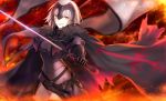  &gt;:) 1girl armor armored_dress bangs black_dress breasts cape chains cowboy_shot dress fate/grand_order fate_(series) faulds flag foreshortening fur_trim gauntlets headpiece highres holding holding_sword holding_weapon jeanne_alter large_breasts looking_at_viewer parted_lips ruler_(fate/apocrypha) short_hair silver_hair smile solo sword weapon wowishi yellow_eyes 
