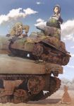  2girls caterpillar_tracks clouds dog earasensha ground_vehicle highres m4_sherman maid military military_vehicle motor_vehicle multiple_girls original real_life sky tank tree type_95_ha-gou 