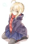  1girl absurdres ahoge bangs between_legs black_boots blonde_hair blue_skirt boots braid closed_mouth coat duffel_coat eyebrows_visible_through_hair fate/grand_order fate_(series) french_braid grey_legwear hand_between_legs heroine_x heroine_x_(alter) highres knee_boots looking_at_viewer open_clothes open_coat pantyhose plaid plaid_scarf red_scarf saber scarf shibakame_(917narto8537) sidelocks sitting skirt solo v_arms wariza white_background yellow_eyes 