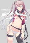  1girl absurdres aosora_kamiya bangs belt black_legwear blue_eyes bow bow_panties breasts character_name clothes_writing contrapposto cowboy_shot eyebrows_visible_through_hair eyelashes garter_straps girls_frontline grey_background hair_between_eyes hair_ornament highres holster legs_apart long_hair looking_at_viewer medium_breasts navel no_pants panties parted_lips pink_hair scarf shoulder_holster single_thighhigh skindentation snap-fit_buckle solo speaker st_ar-15_(girls_frontline) standing stomach thigh-highs thigh_strap topless under_boob underwear underwear_only white_panties white_scarf wire 