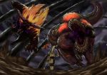  absurdres ambiguous_gender armor beetle blonde_hair brave_(armor) claws daji_yaozi dark_clouds deviljho flying from_behind full_armor fur glowing glowing_eyes highres holding holding_weapon horns insect_glaive jaw jumping long_hair monkey monster monster_hunter monster_hunter_4 open_mouth polearm rajang red_eyes sharp_teeth tail teeth tyrannosaurus_rex walking weapon wyvern 