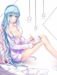  1girl absurdres ahoge blue_eyes blue_hair blush breasts cleavage closed_mouth collarbone drawing from_side highres knees_up long_hair long_sleeves looking_to_the_side medium_breasts miu_(pixiv4149478) naked_shirt original pencil shirt sitting smile solo very_long_hair white_shirt 