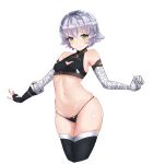  assassin_of_black bandaged_arm bencao_gangmu_(19) black_bikini_bottom black_gloves black_legwear blush center_opening crop_top fate/apocrypha fate/grand_order fate_(series) fingerless_gloves gloves highres hips light_smile looking_at_viewer navel outstretched_arms short_hair silver_hair single_glove skindentation string_panties yellow_eyes 