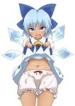  1girl bloomers blue_bow blue_eyes blue_hair blush bow cirno daidaiiro dress dress_lift flower hidden_star_in_four_seasons highres ice ice_wings looking_at_viewer navel open_mouth sunflower tan touhou underwear wings 