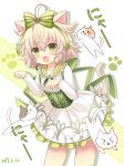  1girl animal_ears blush cat cat_ears cat_tail dated flower_knight_girl green_eyes hair_ribbon hakobera_(flower_knight_girl) highres kemonomimi_mode paw_pose platinum_blonde ribbon shiodome_oji short_hair solo tail 