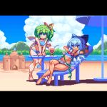  &gt;:) 2girls animated animated_gif arms_behind_head barefoot beach beach_umbrella bikini blinking blue_bikini blue_bow blue_eyes blue_sky bow breasts chair cirno clouds cup daiyousei day drinking_glass drinking_straw fairy_wings flower green_hair hair_bow hair_ribbon hidden_star_in_four_seasons ice ice_wings knees_together_feet_apart legs_crossed letterboxed looking_at_viewer lounge_chair medium_breasts migel_futoshi morning_glory multiple_girls naughty_face outdoors pixel_art plant ribbon sand sand_castle sand_sculpture short_hair side_ponytail sky smile standing sun sunlight swimsuit table tan tanned_cirno touhou umbrella v_arms veins vines wings 