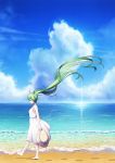  1girl barefoot blue_bow blue_sky bow closed_mouth clouds dress hat hat_bow hatsune_miku holding holding_hat horizon long_hair sky solo sundress twintails very_long_hair vocaloid walking white_dress xiaosan_ye 