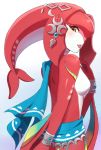  1girl :p back blush breasts cape fins fish_girl gem hair_ornament jewelry looking_at_viewer looking_back medium_breasts mipha multicolored multicolored_skin red_skin riko_(sorube) sideboob simple_background solo the_legend_of_zelda the_legend_of_zelda:_breath_of_the_wild tongue tongue_out vambraces white_background yellow_eyes zora 