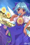  1girl blue_dress blue_eyes blue_hair blue_sky blush cirno dress dutch_angle eating field flower flower_field food hair_ribbon hidden_star_in_four_seasons ice ice_wings looking_at_viewer open_mouth plant popsicle poyosuke puffy_sleeves ribbon short_hair short_sleeves signature sky smile solo sparkle sunflower sunlight tan touhou vines wings 