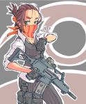  1girl assault_rifle bandana_over_mouth black_gloves breasts brown_hair cleavage exalt_operative folded_ponytail g36c gloves green_eyes gun jarv looking_at_viewer medium_breasts rifle sleeves_rolled_up solo standing striped_bandana trigger_discipline vest weapon x-com 