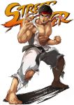  1boy 8_(yamalu) barefoot black_hair brown_eyes clenched_hand copyright_name dougi fighting_stance full_body headband male_focus muscle open_mouth ryuu_(street_fighter) simple_background solo street_fighter torn_clothes white_background wide_stance 