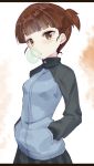  1girl brown_eyes brown_hair bubble_blowing chewing_gum girls_und_panzer hands_in_pockets heavens_thunder_(byakuya-part2) jacket keizoku_military_uniform letterboxed long_sleeves looking_at_viewer mikko_(girls_und_panzer) short_twintails twintails upper_body 