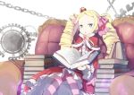  1girl :o beatrice_(re:zero) blonde_hair blue_eyes blush book book_stack bow butterfly capelet chains couch crown dress drill_hair frills fur_trim gears hair_bow hair_ribbon lace-trimmed_sleeves long_hair long_sleeves looking_at_viewer mini_crown open_book pantyhose pink_bow re:zero_kara_hajimeru_isekai_seikatsu red_dress revision ribbon sitting solo striped striped_legwear symbol-shaped_pupils transparent twin_drills twintails white_background wide_sleeves zzzzxxx2010nian 