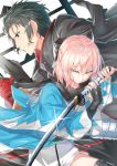  1boy 1girl bangs black_hair black_scarf blonde_hair fate/grand_order fate_(series) grey_eyes grin hair_between_eyes hakuishi_aoi half_updo haori hijikata_toshizou_(fate/grand_order) holding holding_sword holding_weapon japanese_clothes katana kimono koha-ace looking_at_viewer parted_lips profile sakura_saber scarf shinsengumi short_hair short_kimono smile spiky_hair sword thigh-highs weapon white_kimono 