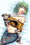  1girl bare_shoulders blush breast_tattoo breasts brown_eyes cleavage collarbone crop_top denim dual_wielding green_hair hikage_(senran_kagura) holding holding_weapon large_breasts licking licking_weapon looking_at_viewer lowres lying machete miyashiro_sousuke navel off-shoulder_shirt on_back open_mouth pants senran_kagura senran_kagura_(series) shirt short_hair solo stomach tattoo tongue tongue_out torn_clothes torn_pants weapon 