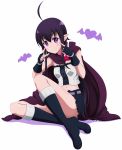  1girl ahoge black_hair cape fingerless_gloves full_body gloves guri highres looking_at_viewer midriff miniskirt navel pointy_ears renai_boukun shira-nyoro sitting skirt smile solo violet_eyes white_background 