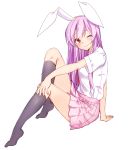  1girl ;) animal_ears black_legwear breasts closed_mouth from_side full_body highres invisible_chair lavender_hair long_hair looking_to_the_side medium_breasts miniskirt necktie one_eye_closed pink_skirt pleated_skirt rabbit_ears red_eyes red_necktie reisen_udongein_inaba shirt short_sleeves sitting skirt smile socks solo touhou white_shirt yukina_(masyumaro610) 