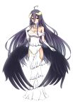  1girl absurdres ahoge albedo bare_shoulders bencao_gangmu_(19) black_hair black_wings breasts demon_girl demon_horns dress gloves hand_on_own_shoulder highres hip_vent horns large_breasts long_hair looking_at_viewer overlord_(maruyama) very_long_hair white_dress white_gloves wings yellow_eyes 