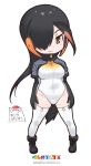  1girl black_boots black_hair boots brown_eyes hair_over_one_eye headphones kemono_friends king_penguin_(kemono_friends) leotard logo long_hair multicolored_hair official_art solo streaked_hair thigh-highs watermark yoshizaki_mine zipper 