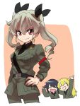  3girls anchovy anzio_military_uniform black_boots black_necktie black_ribbon black_shirt boots carpaccio closed_eyes cowboy_shot dress_shirt drill_hair girls_und_panzer green_hair grey_jacket grey_pants hair_ribbon hand_on_hip jacket knee_boots long_hair long_sleeves looking_at_viewer military military_uniform multiple_girls necktie oono_imo open_mouth outside_border pants pepperoni_(girls_und_panzer) pink_background red_eyes ribbon shirt short_hair shoulder_belt smile smirk standing twin_drills twintails uniform 
