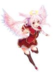  1girl ange_vierge angel bridal_gauntlets elel feathered_wings floating_hair full_body halo head_wings leriel long_hair looking_at_viewer mishima_kurone official_art open_mouth orange_eyes petticoat pink_hair sidelocks simple_background skirt solo thigh-highs white_background wings 