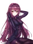  1girl adjusting_hair arched_back bangs bencao_gangmu_(19) blue_clothes blush breasts fate/grand_order fate_(series) highres impossible_clothes long_hair looking_at_viewer medium_breasts purple_hair red_eyes scathach_(fate/grand_order) sitting smile solo 