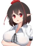  1girl :o black_hair blush breast_hold breasts brown_hair collared_shirt hat highres large_breasts looking_at_viewer open_mouth pointy_ears red_eyes shameimaru_aya shirt short_hair solo tokin_hat touhou upper_body white_background yusake_san 